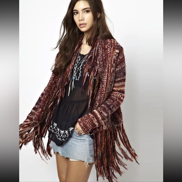 Free People Sweaters - Free People Wool Fringed Shawl Cardigan Boho Open Front Sweater Alpaca Size S